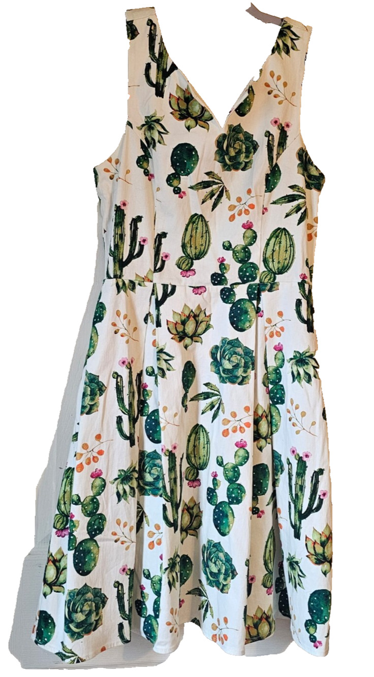 Eva Rose Cactus Succulent Print Fit Flare Dress Womens XS Pockets Retro